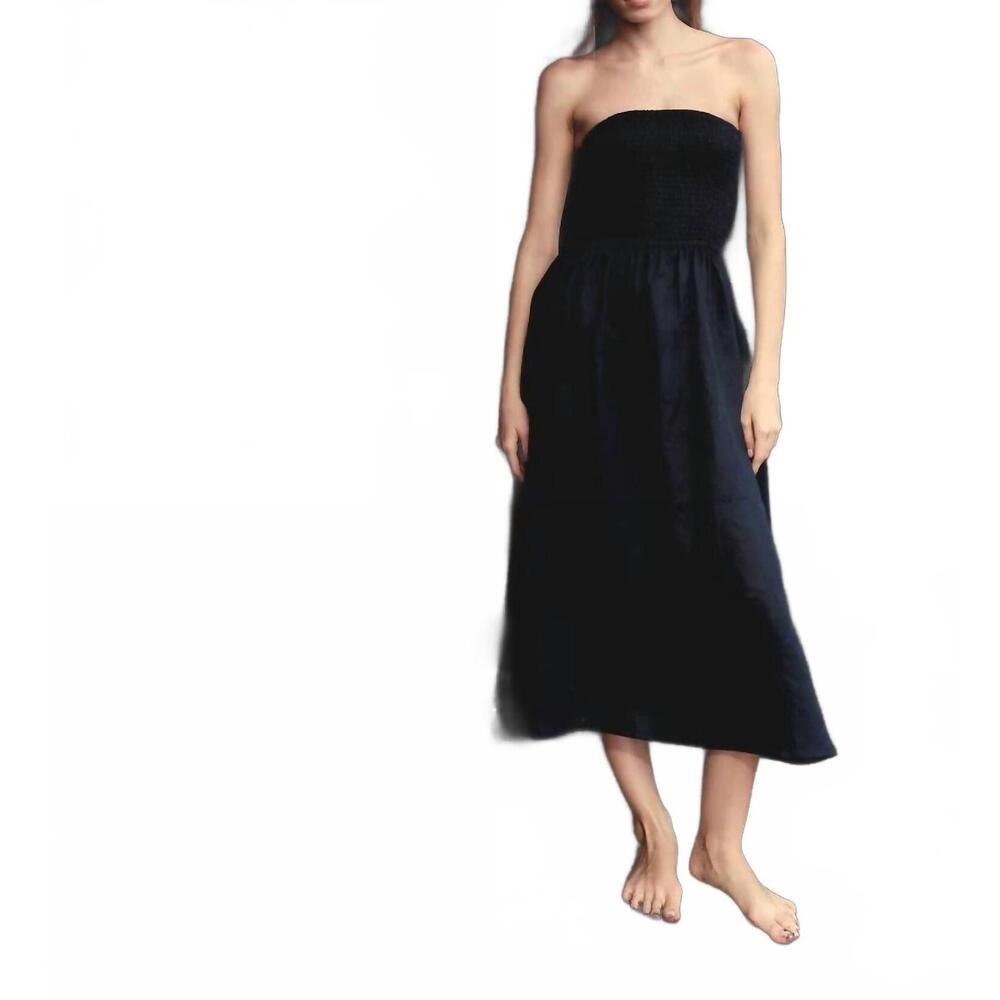 NEW NARY shirred linen tube midi dress in navy blue